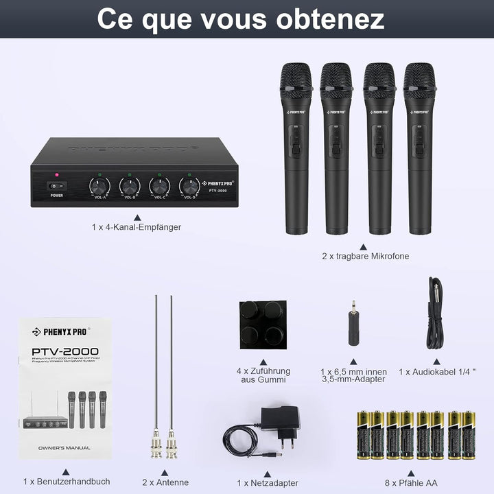 Phenyx Pro Sistema microfonico Wireless, microfoni Wireless VHF a 4 canali, Con 4 microfoni dinamici