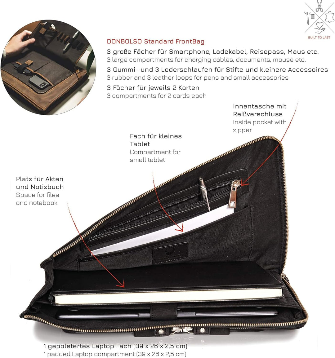 DONBOLSO® Notebook Sleeve London Leder für Damen und Herren Schwarz M, Schwarz M
