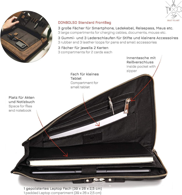 DONBOLSO® Notebook Sleeve London Leder für Damen und Herren Schwarz M, Schwarz M