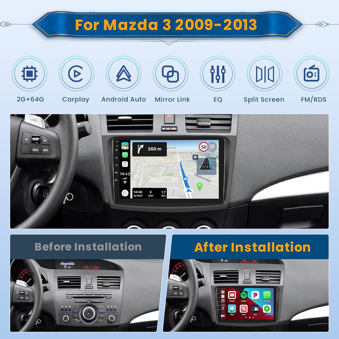 Android 15 Radio für Mazda Axela 3 2010-2013 mit Wireless CarPlay Android Auto 2+64G, 9 Zoll Bildsch