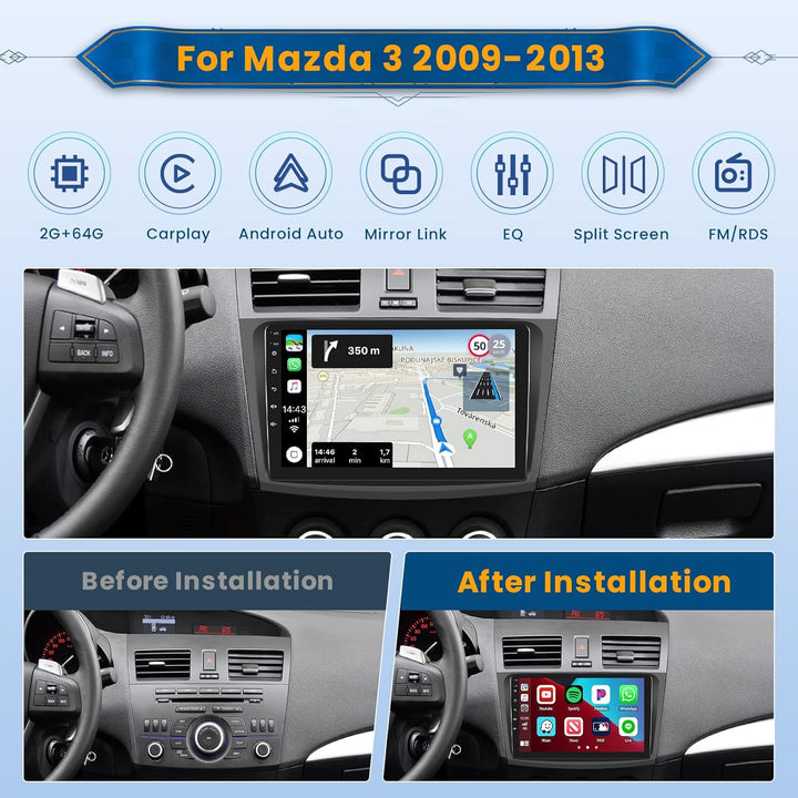 Android 15 Radio für Mazda Axela 3 2010-2013 mit Wireless CarPlay Android Auto 2+64G, 9 Zoll Bildsch