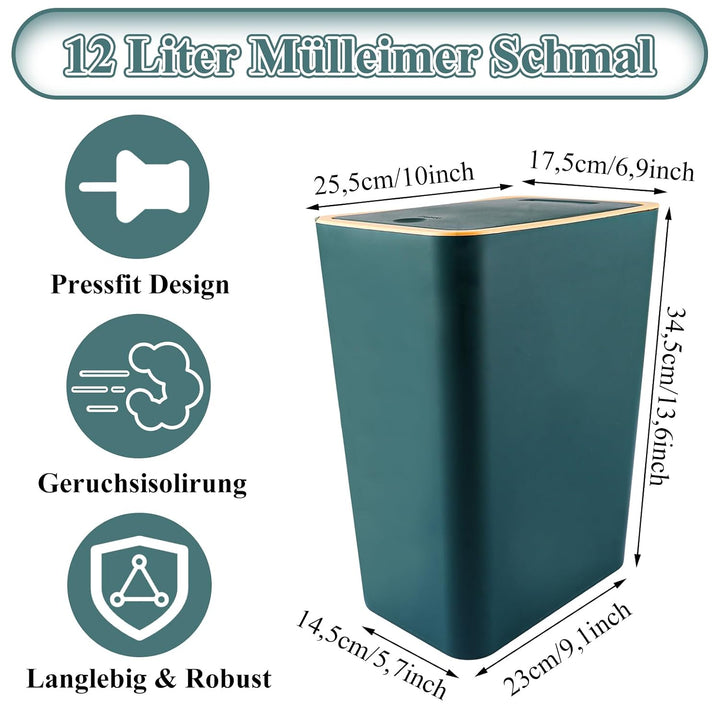 MIVIDE 12L Mülleimer Schmal, Mülleimer mit Deckel Grün, PP Material