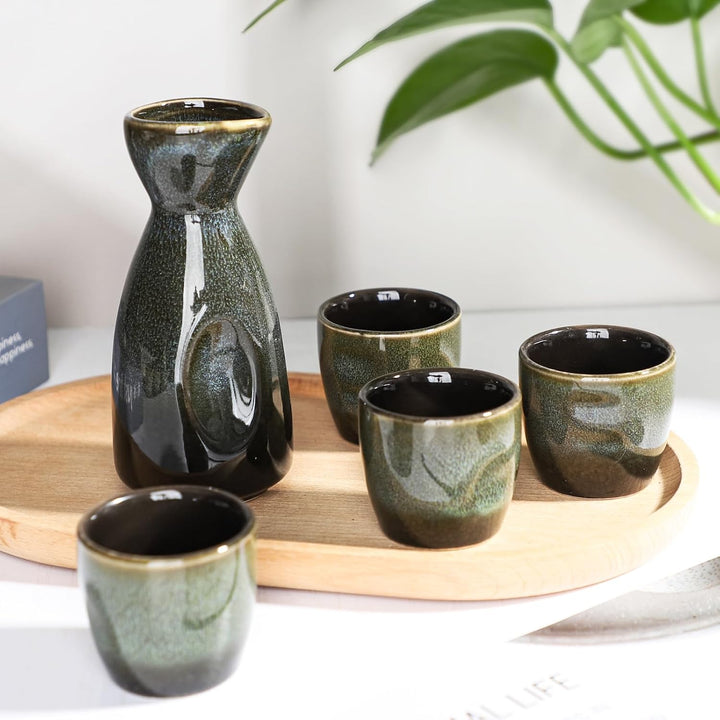 Keramik Sake Satz für Wärmeren Liquor Sake Set 1 Sake-topf mit 4 Sake Becher (Grün Schwarz), Grün Sc