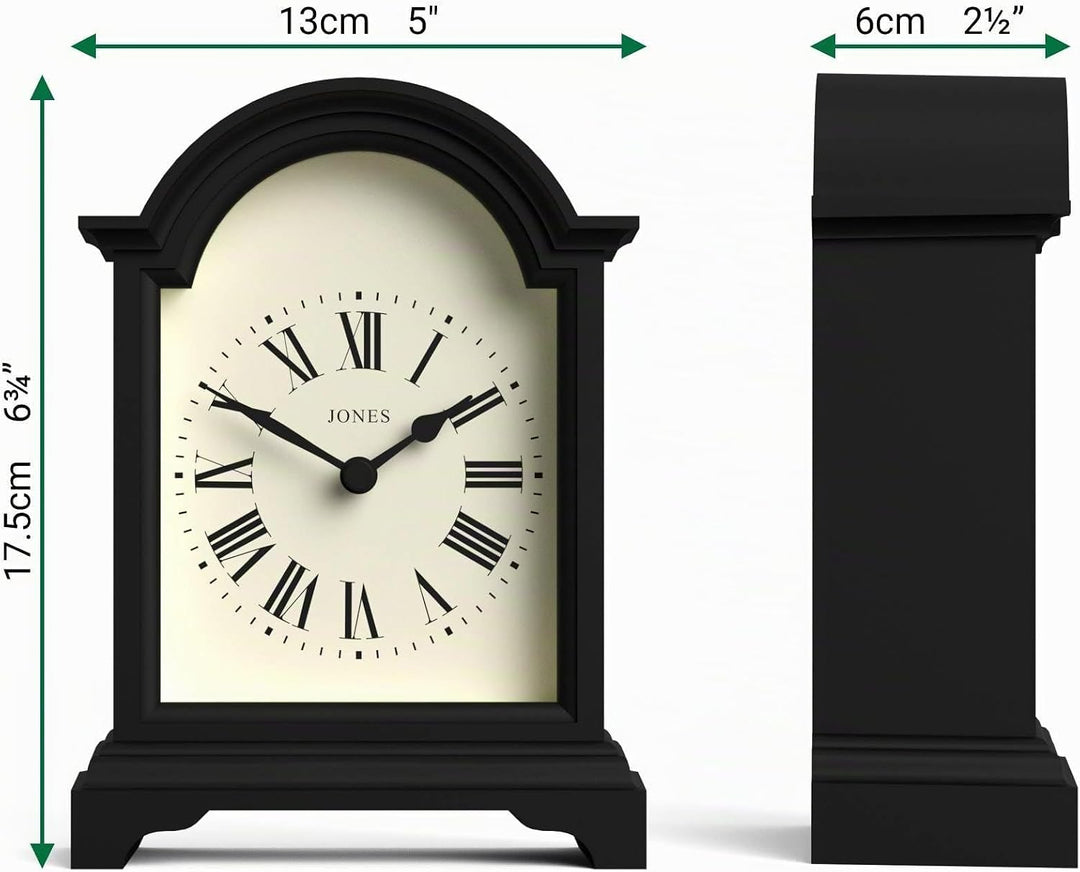 JONES CLOCKS® Kaminuhr 'Bistro' – klassisches Bogendesign in Schwarz, zeitgenössischer klassischer S