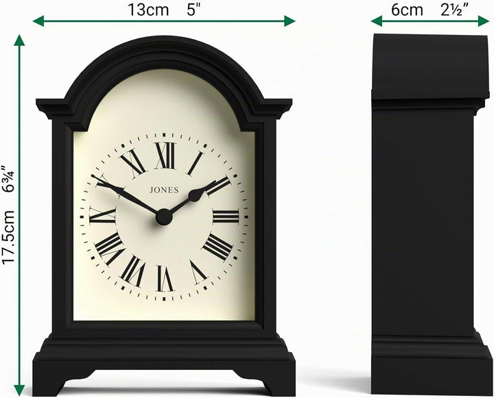 JONES CLOCKS® Kaminuhr 'Bistro' – klassisches Bogendesign in Schwarz, zeitgenössischer klassischer S