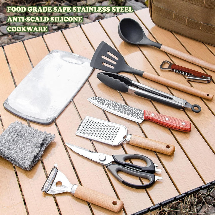 Sadodo Camping Küchenhelfer Utensilien Set 11 Teilig,Mit Organizer Tragtasche,Silikon Edelstahl Koch