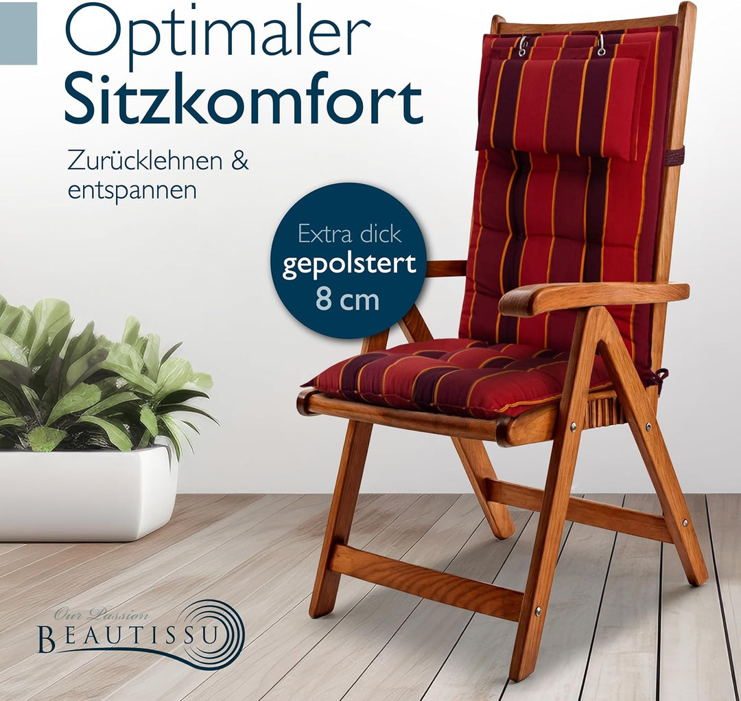 Beautissu 4er Set Premium Hochlehner Auflage mit Kopfpolster 120x50cm Sun-HL – 8cm Dick Polster Gart