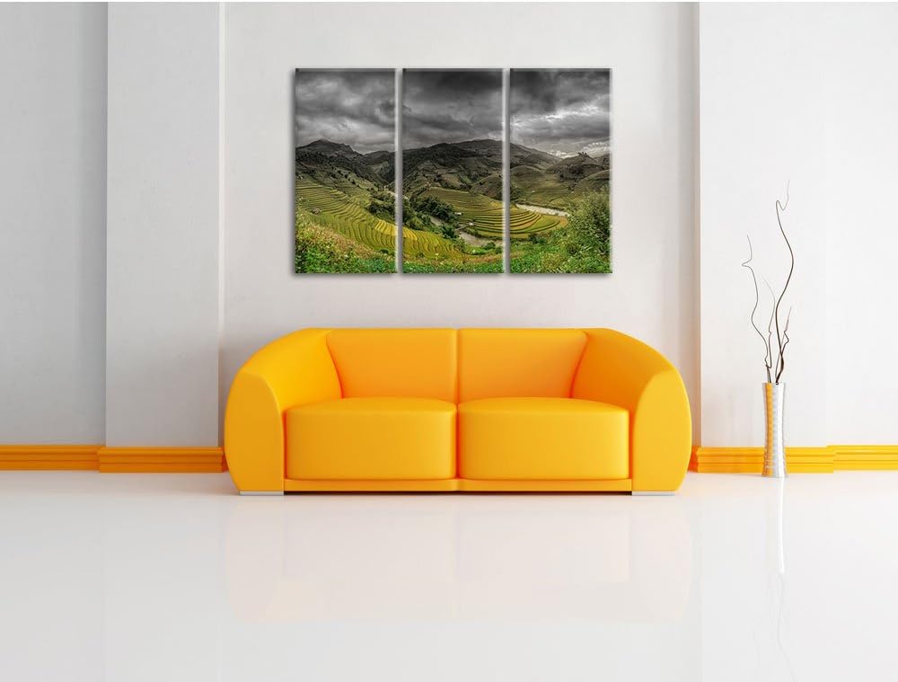 Pixxprint eine Berg Farm in Asien B&W Detail 3-Teiler Leinwandbild 120x80 Bild auf Leinwand