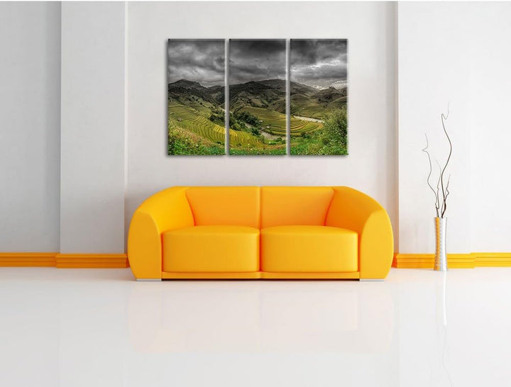 Pixxprint eine Berg Farm in Asien B&W Detail 3-Teiler Leinwandbild 120x80 Bild auf Leinwand