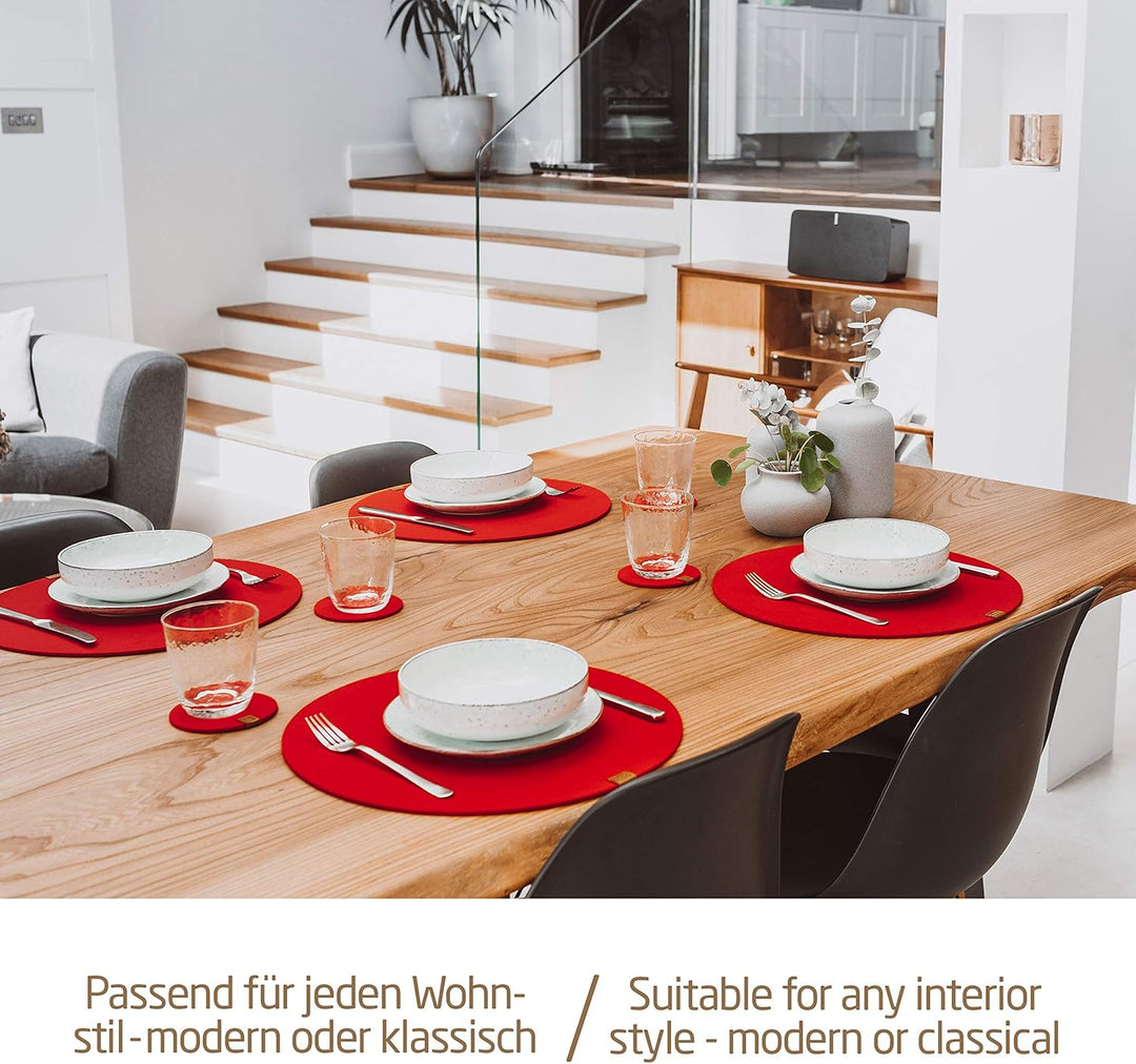 MIQIO® Design Runde Tischsets aus Filz abwaschbar | Mit Marken Echtleder Label und Glasuntersetzer |
