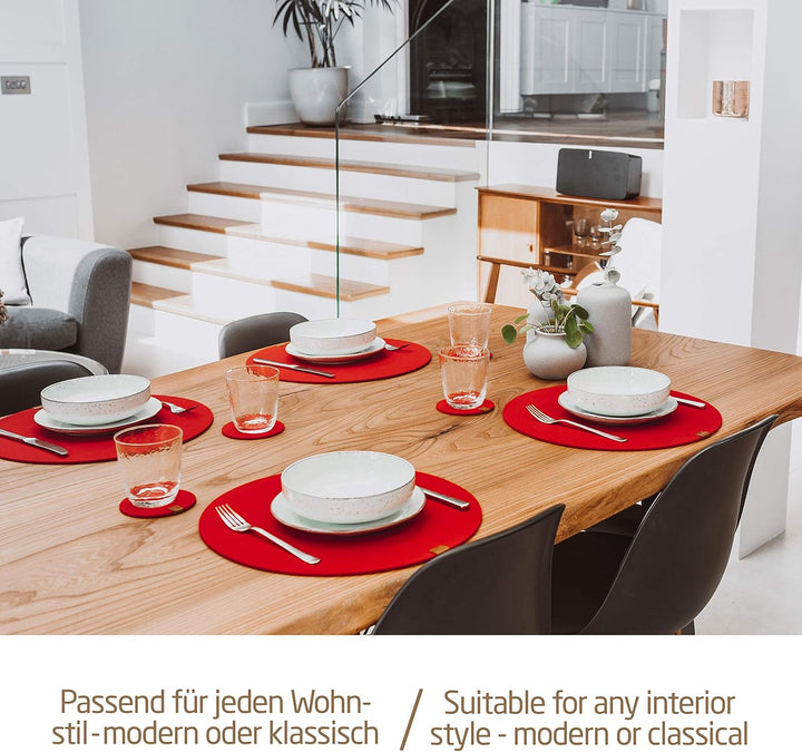 MIQIO® Design Runde Tischsets aus Filz abwaschbar | Mit Marken Echtleder Label und Glasuntersetzer |