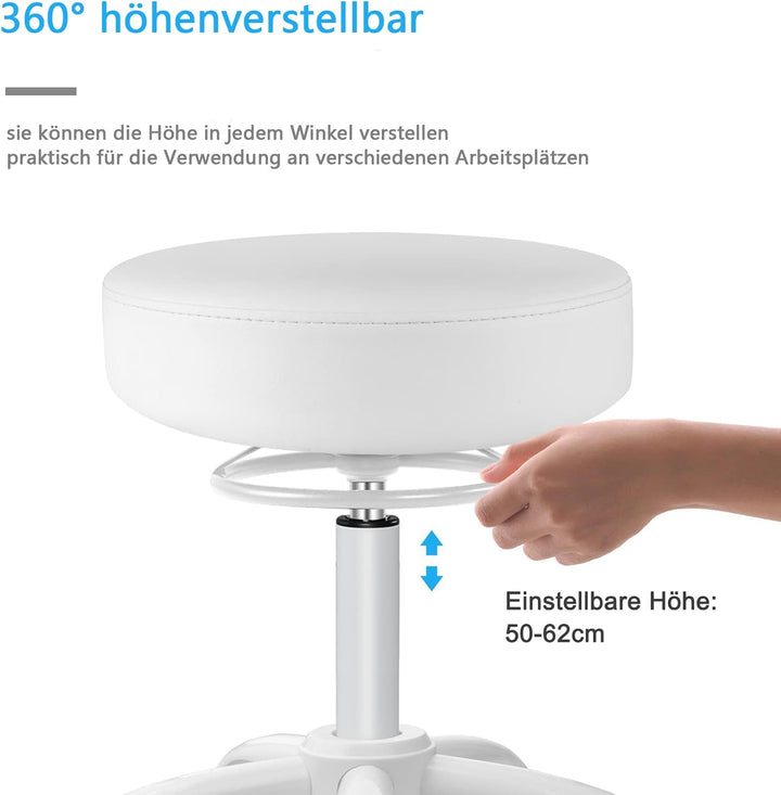 Rollhocker höhenverstellbar mit Rollen - 50-62cm，bis 180 kg belastbare Arbeitshocker，360° Drehhocker