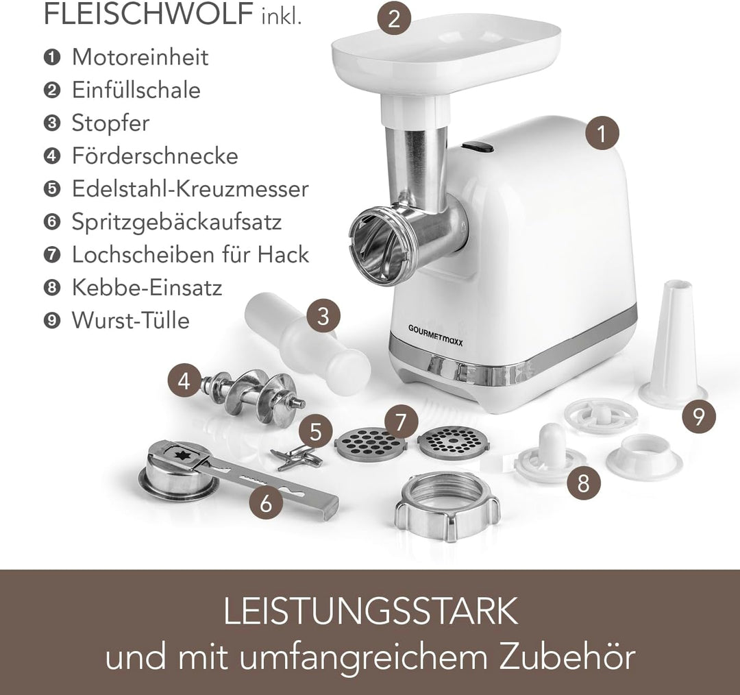 GOURMETmaxx elektrischer Fleischwolf mit verschiedenen Aufsätzen | Zur Verarbeitung von Fleisch, Fis