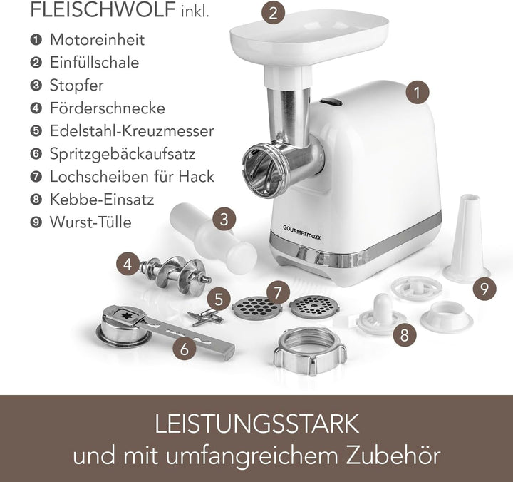 GOURMETmaxx elektrischer Fleischwolf mit verschiedenen Aufsätzen | Zur Verarbeitung von Fleisch, Fis