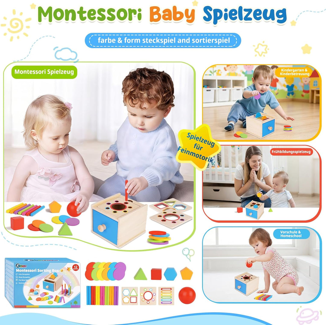 FCSONU Montessori Spielzeug ab 1-3 Jahr|Sortierspiel Feinmotorik Steckspiel | 3in1: Holz Farbe Sorti
