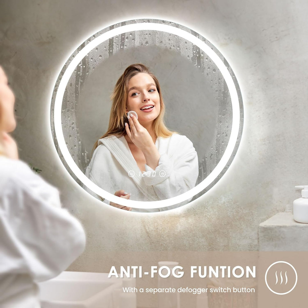 Dripex Badspiegel mit Beleuchtung Rund Led Spiegel mit Uhr und Touch-Schalter, Dimmbar, Beschlagfrei