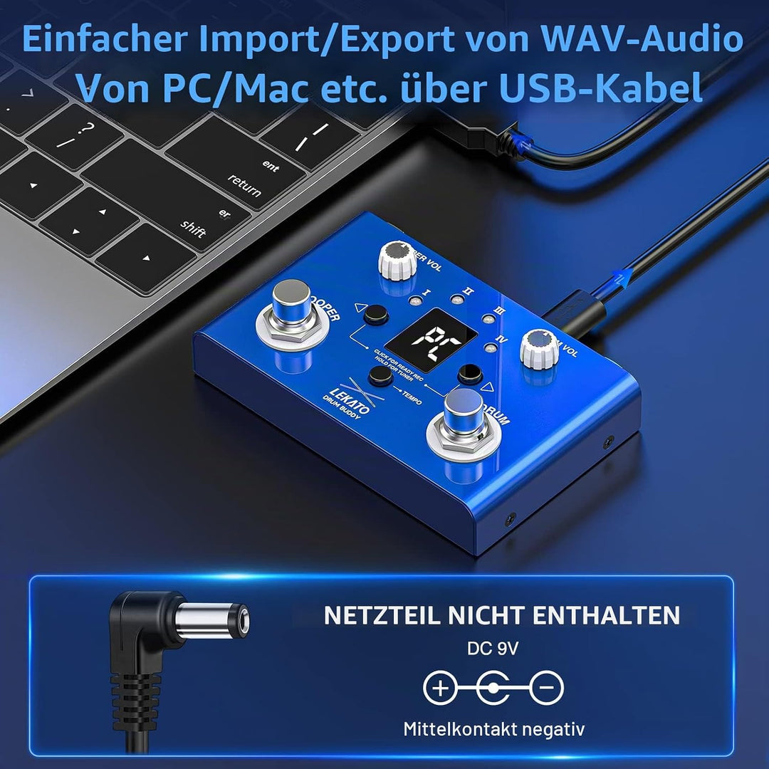 LEKATO Drum Looper Pedal mit Stimmgerät, 4 Loops, 11 Minuten Loop Pedal mit Drumcomputer 30 Trommeln