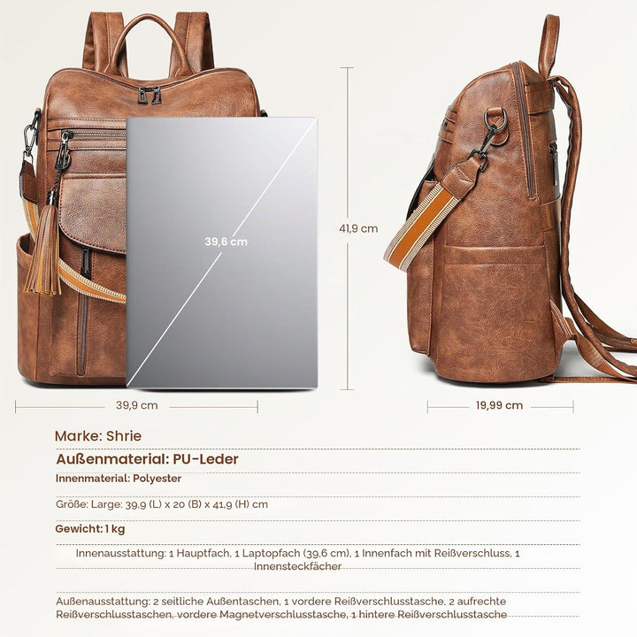 Shrrie Laptop-Rucksack für Damen, 15,6 Zoll Reise-Rucksack aus Leder, Handgepäck-Rucksack Computerta