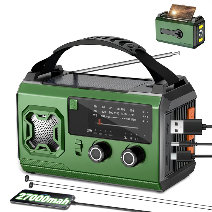 27000mAh Kurbelradio Notfallradio mit Solar & Powerbank: AM/FM Solarradio, Handkurbel, SOS, Taschenl