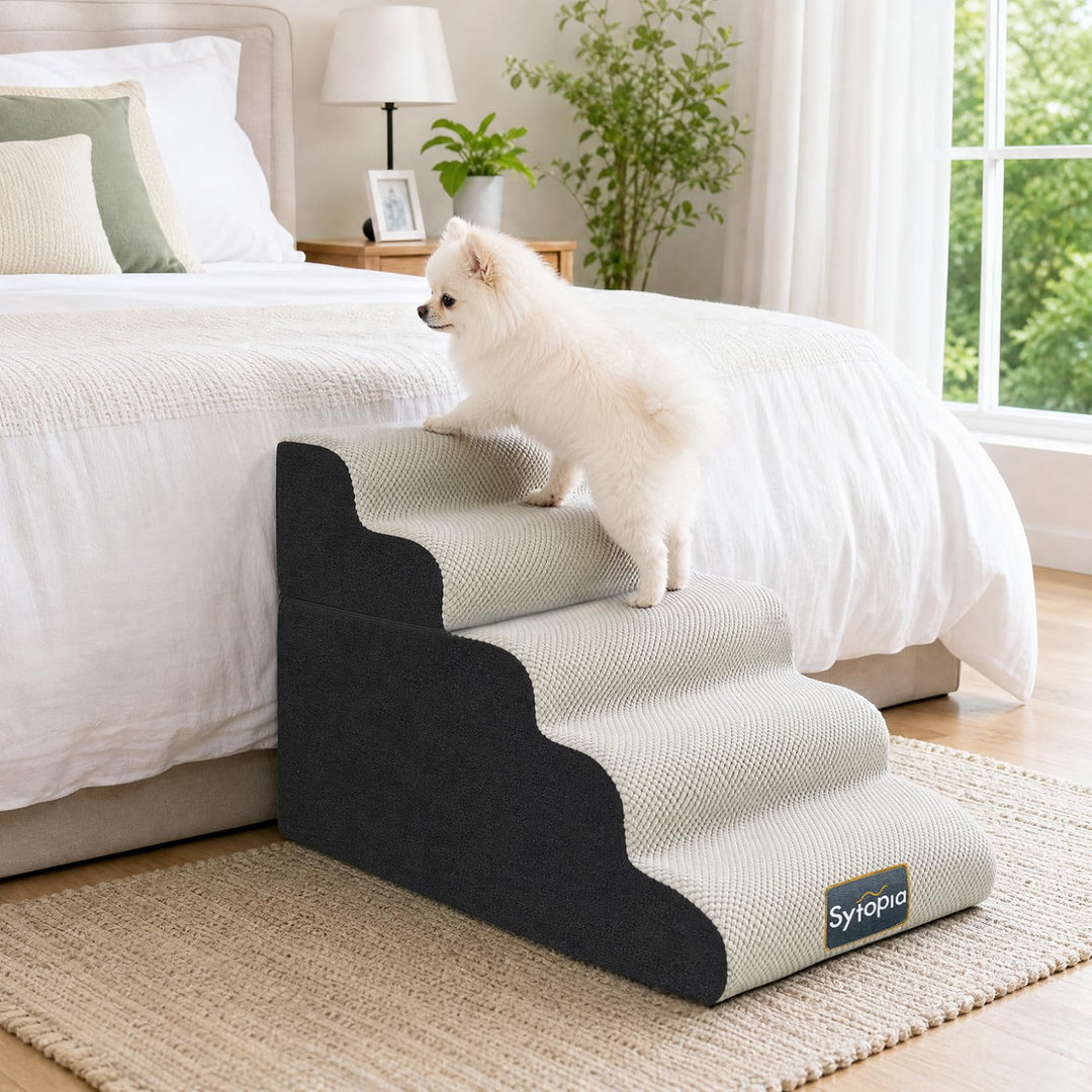 Sytopia 5-Stufen Hundetreppe 58 cm, rutschhemmend &amp; abwaschbar, mit Griff, 30D Schaumstoff für Bett/