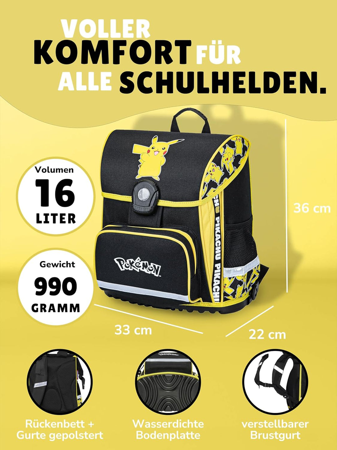 Familando - Schulranzen Set 6-teilig mit Sporttasche - Pokémon mit Pikachu Motiv - Ergonomisch, stab