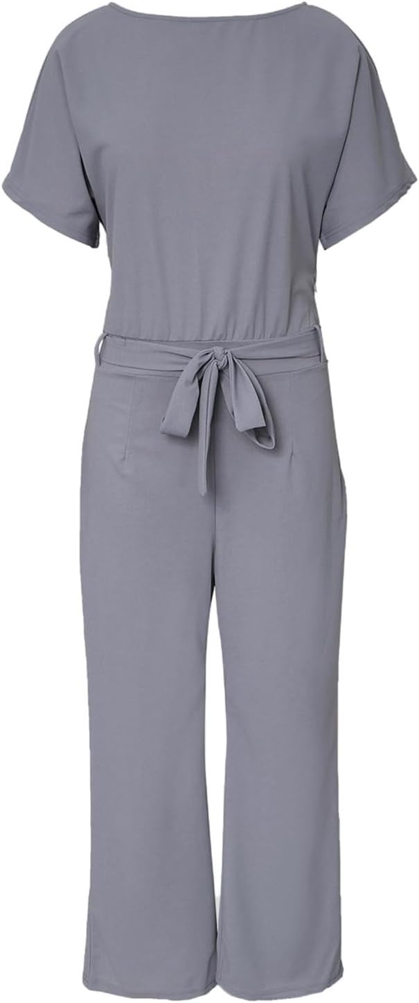 Damen Lang Jumpsuit Overall Hosenanzug Elegant Romper Kurzarm Rundhals Playsuit mit Gürtel Hosenanzu