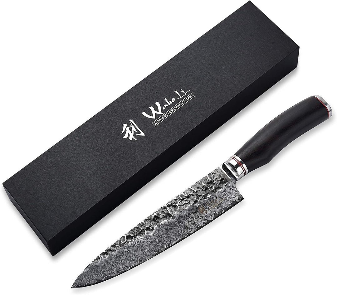 Wakoli EBO Kochmesser mit 20 cm Klinge aus 67 Lagen Damaststahl mit VG10 Kern, Hammerschlag, Eichenh