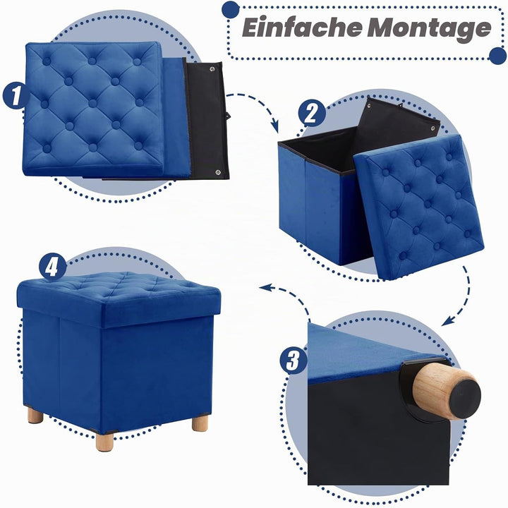 BRIAN &amp; DANY Faltbarer Sitzhocker Samt mit Stauraum und Deckel mit Holzfüssen, 40 x 40 x 40 cm, Blau