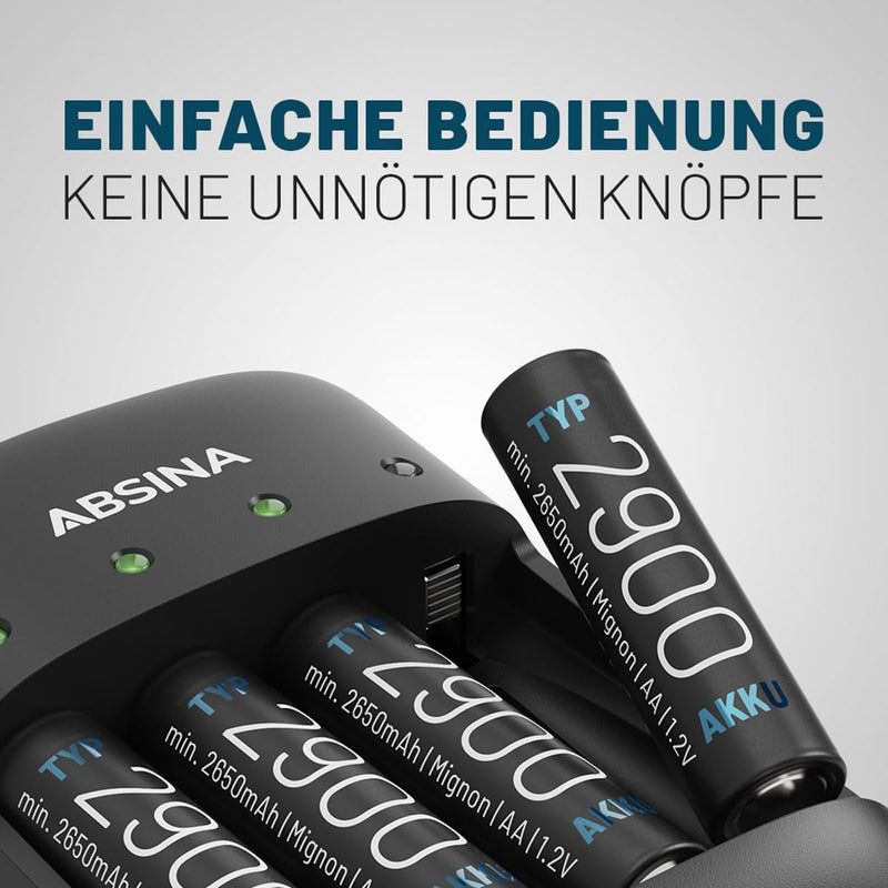 ABSINA Akku Ladegerät AA AAA & 9V Block inkl. 4X AA 2900 Akkus - NiMH Ladegerät Akku Batterien 4-Fac