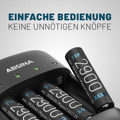 ABSINA Akku Ladegerät AA AAA & 9V Block inkl. 4X AAA 1150 Akkus - NiMH Ladegerät Akku Batterien 4-Fa