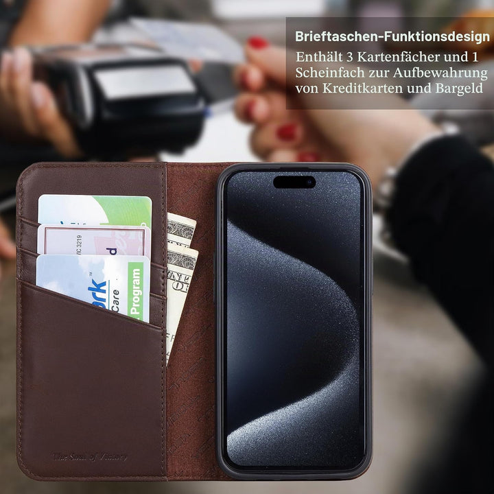 VISOUL Hülle für iPhone 15, Schutzhülle [Echt Leder] [Schützt vor Stoss] [Kartenfach] [Magnetverschl