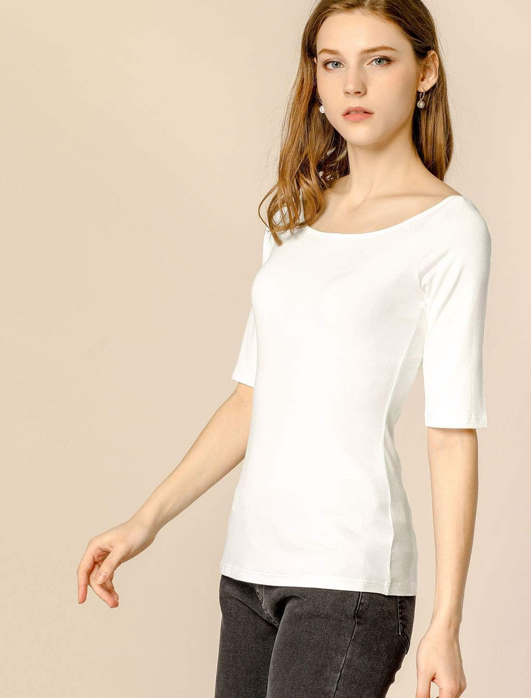 Allegra K Damen Basic Tee Bluse XL Beige, XL Beige