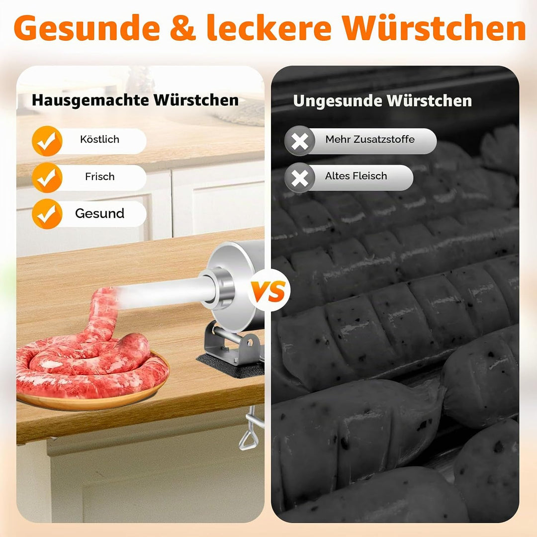 Wurstfüller 3L Edelstahl, Manuelle Wurstmaschine mit Handkurbel &amp; 4 Füllrohren, Horizontale Wurstpre
