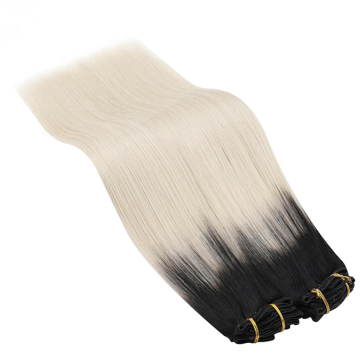 Ugeat Clip in Extensions Schwarz Blond Haarextension Echthaar Clips 55cm Schwarz bis Aschblond mit P