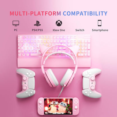 Somic G951S Rosa Gaming-Headset mit Mikrofon, Mädchen Frauen Rosa Katze Ohr-Kopfhörer mit 3,5-mm-Kab