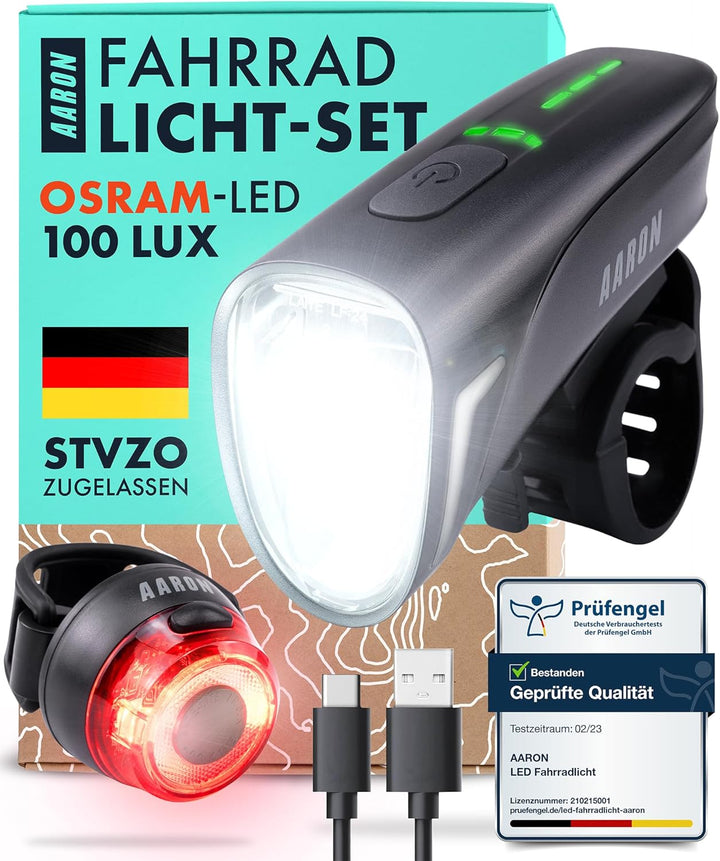 AARON 100 LUX Fahrradlichter Set (9h Leuchtdauer), StVZO zugelassen, 2000 mAh Akku Fahrrad Licht Set
