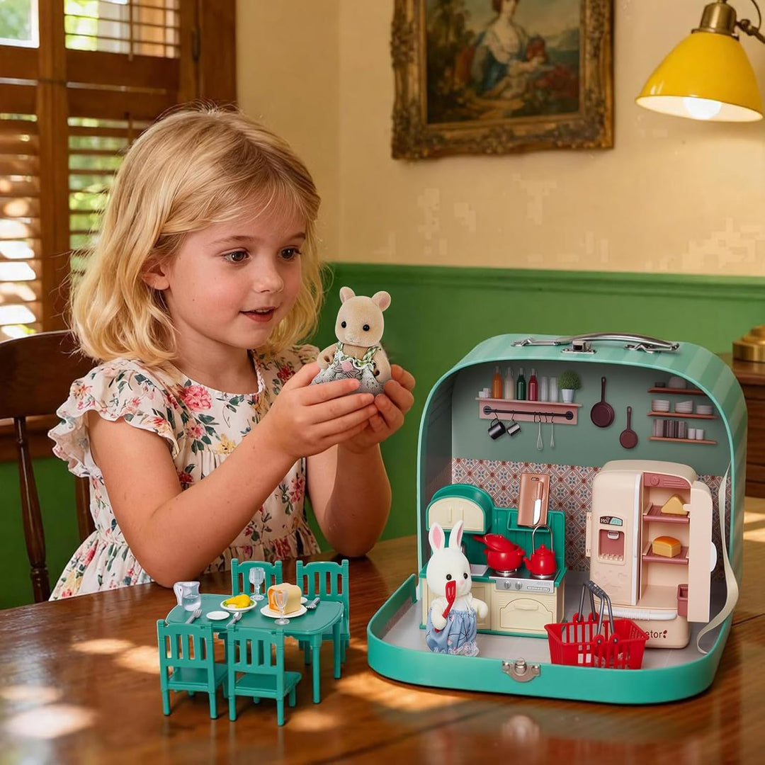 Koffer Dollhouse Tragbares Puppenhaus Möbel Zubehör DIY Miniatur Haus mit 2 Flexible Puppen, Klavier