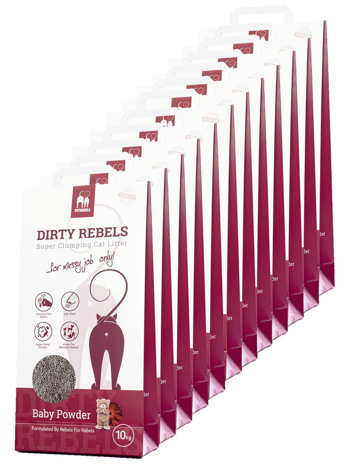 Petrebels Katzenstreu Dirty Rebels, 12x 10 Liter, Babypuderduft, 100% Natürlich, 12er-Pack, Babypude