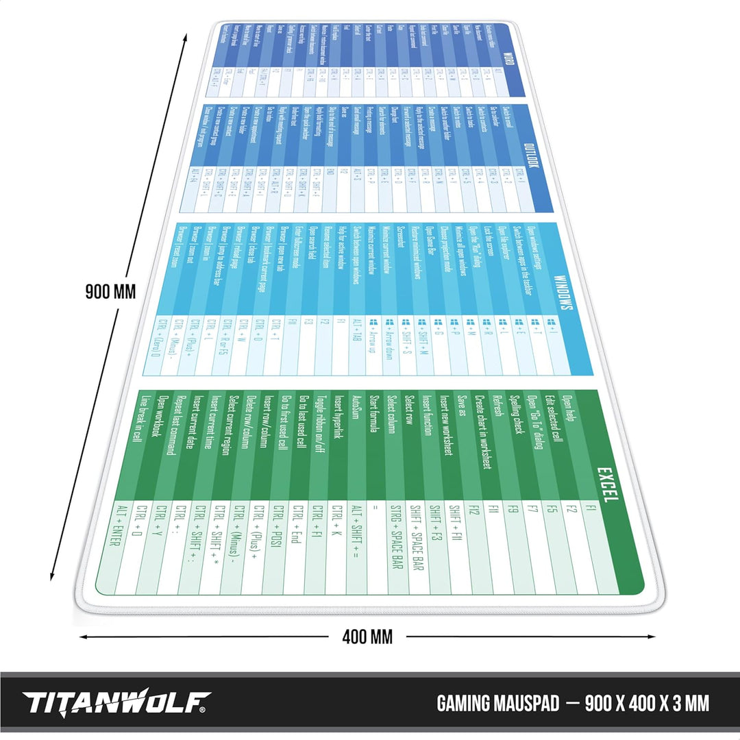 TITANWOLF - XXL Speed Gaming Mauspad 900 x 400mm - Excel Windows Outlook Word Shortcut Tastenkürzel