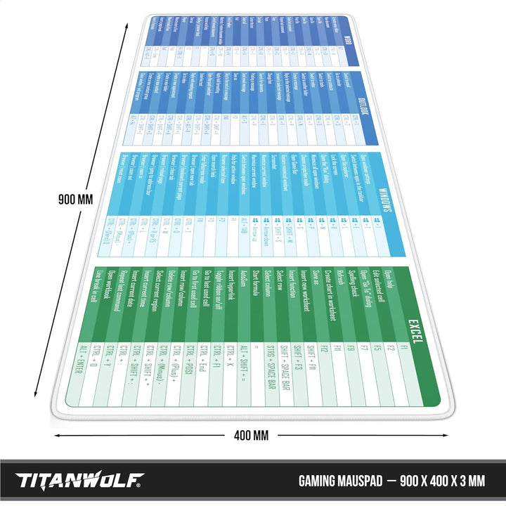 TITANWOLF - XXL Speed Gaming Mauspad 900 x 400mm - Excel Windows Outlook Word Shortcut Tastenkürzel