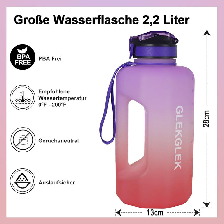 Trinkflasche 2.2L mit Griff und Zeitmarkierungen, BPA Frei Grosse Wasserflasche für Fitness Outdoor