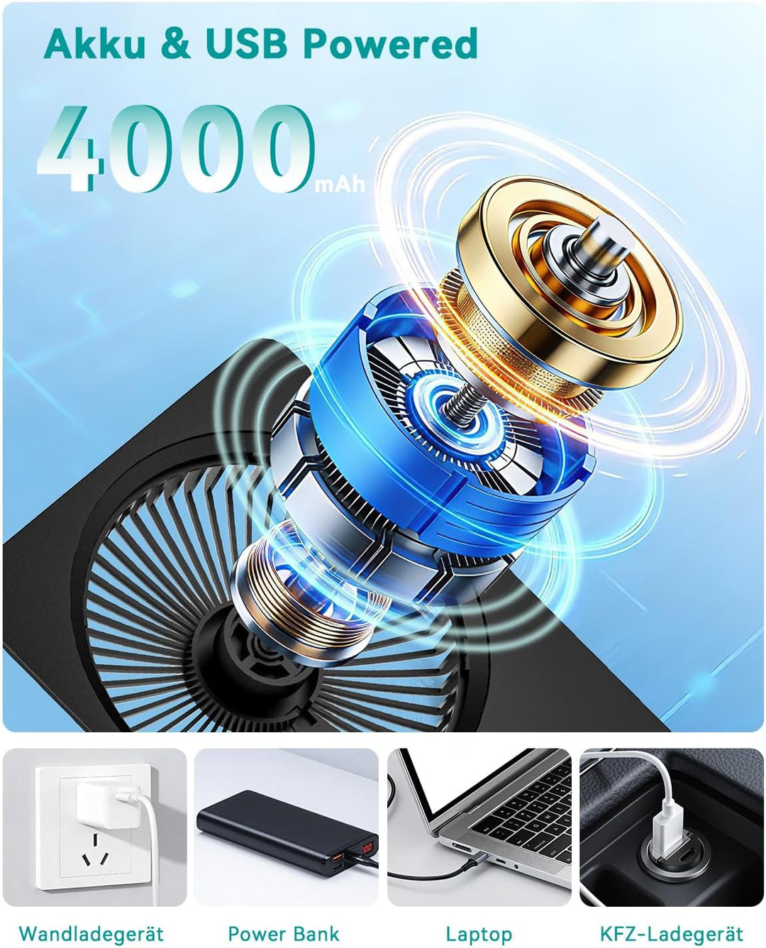 Klein Tischventilator,Leise Ventilator Akku 4000mAh 100 Geschwindigkeiten 180°Einstellbar Tragbarer