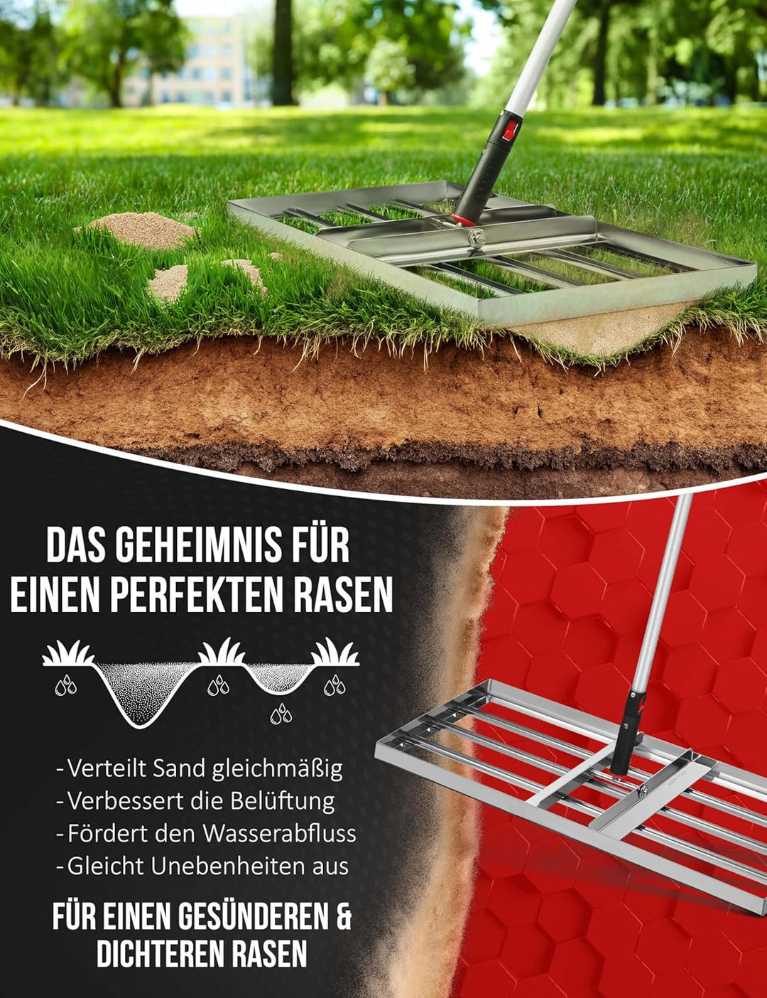 Rasenrakel Edelstahl [75X35 CM] - Profi Rasenrechen mit Stiel - Nivellierrechen - Rakel Rasen für Sa