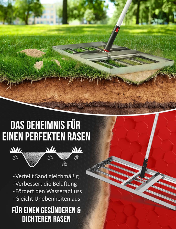 Rasenrakel Edelstahl [75X35 CM] - Profi Rasenrechen mit Stiel - Nivellierrechen - Rakel Rasen für Sa