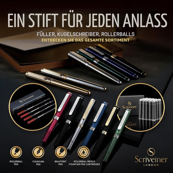 Scriveiner Schwarzer Kugelschreiber EDC Luxus Stift, Taschenkugelschreiber mit Chrom, Schönes Gesche