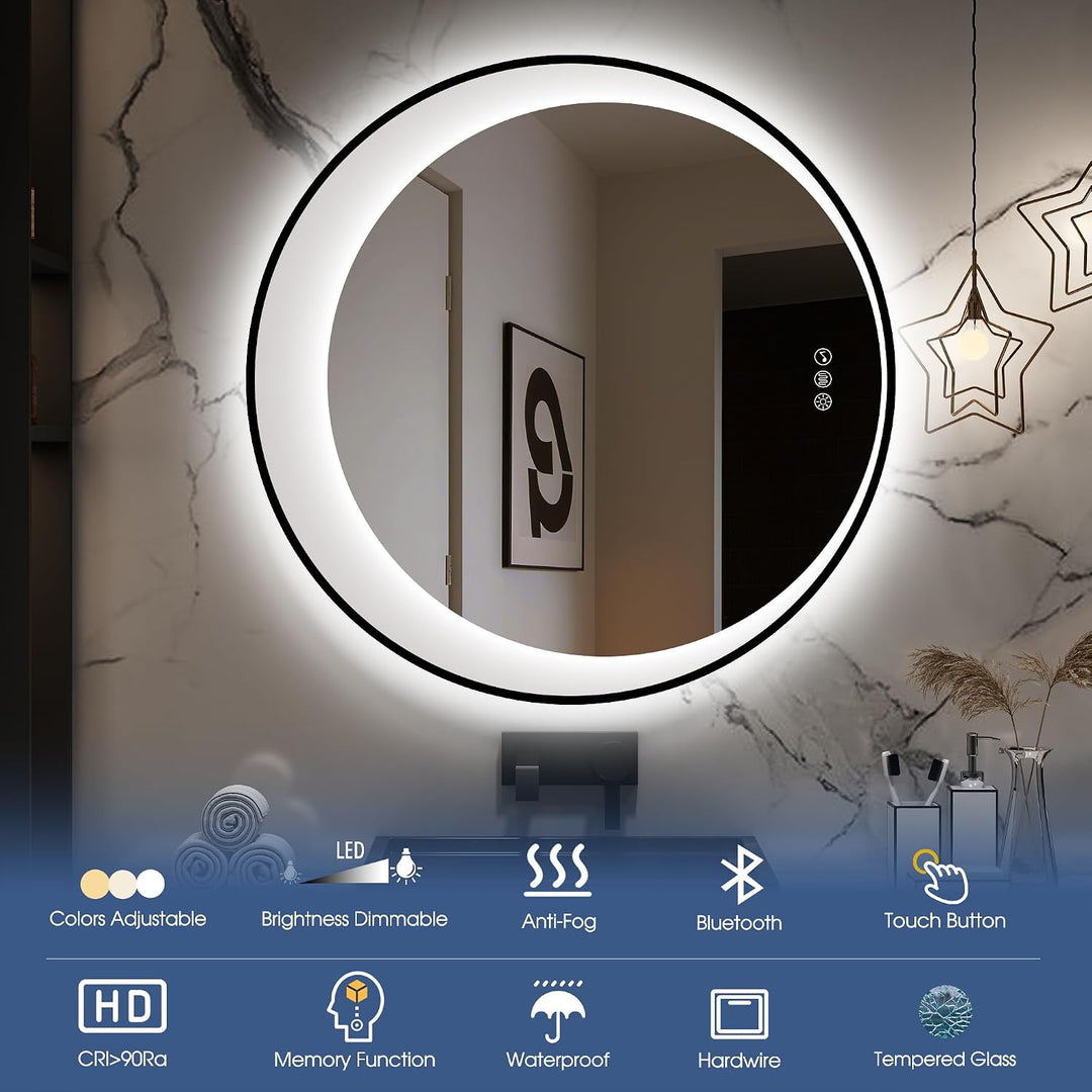 STARLEAD Runder Badspiegel mit Beleuchtung und Bluetooth, 80cm LED Spiegel Mondsichel Anti-Beschlag,