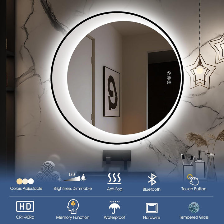 STARLEAD Runder Badspiegel mit Beleuchtung und Bluetooth, 80cm LED Spiegel Mondsichel Anti-Beschlag,