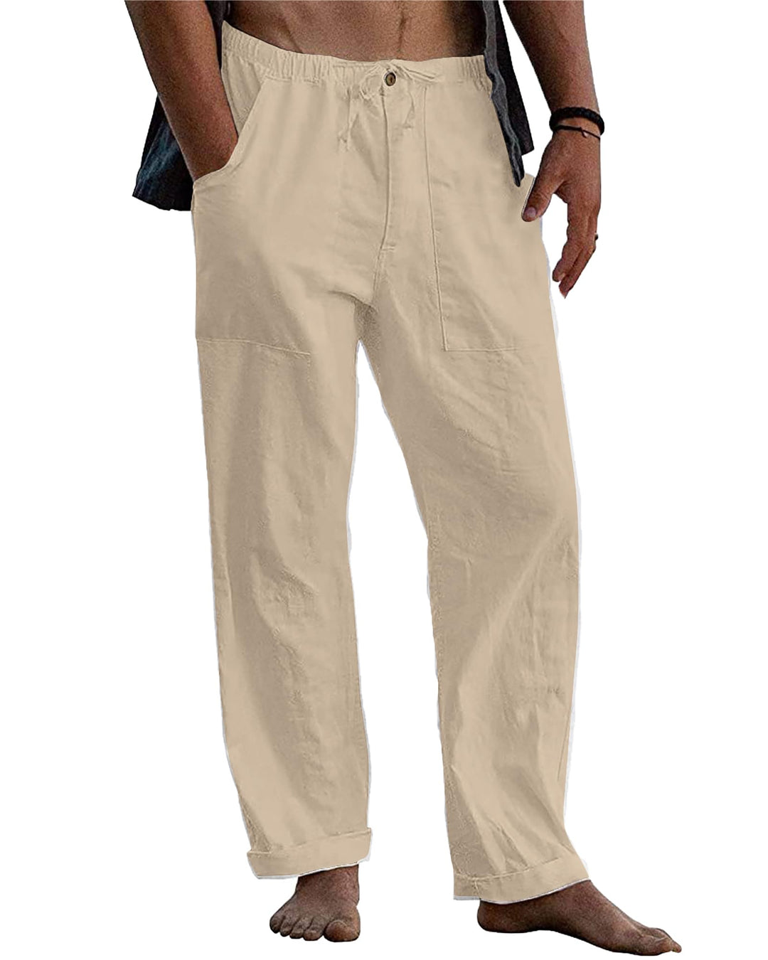 LVCBL Leinenhose Herren Sommer Herbst Lose Lässige Leinenhose mit Taschen Elastischer Bund M Khaki,