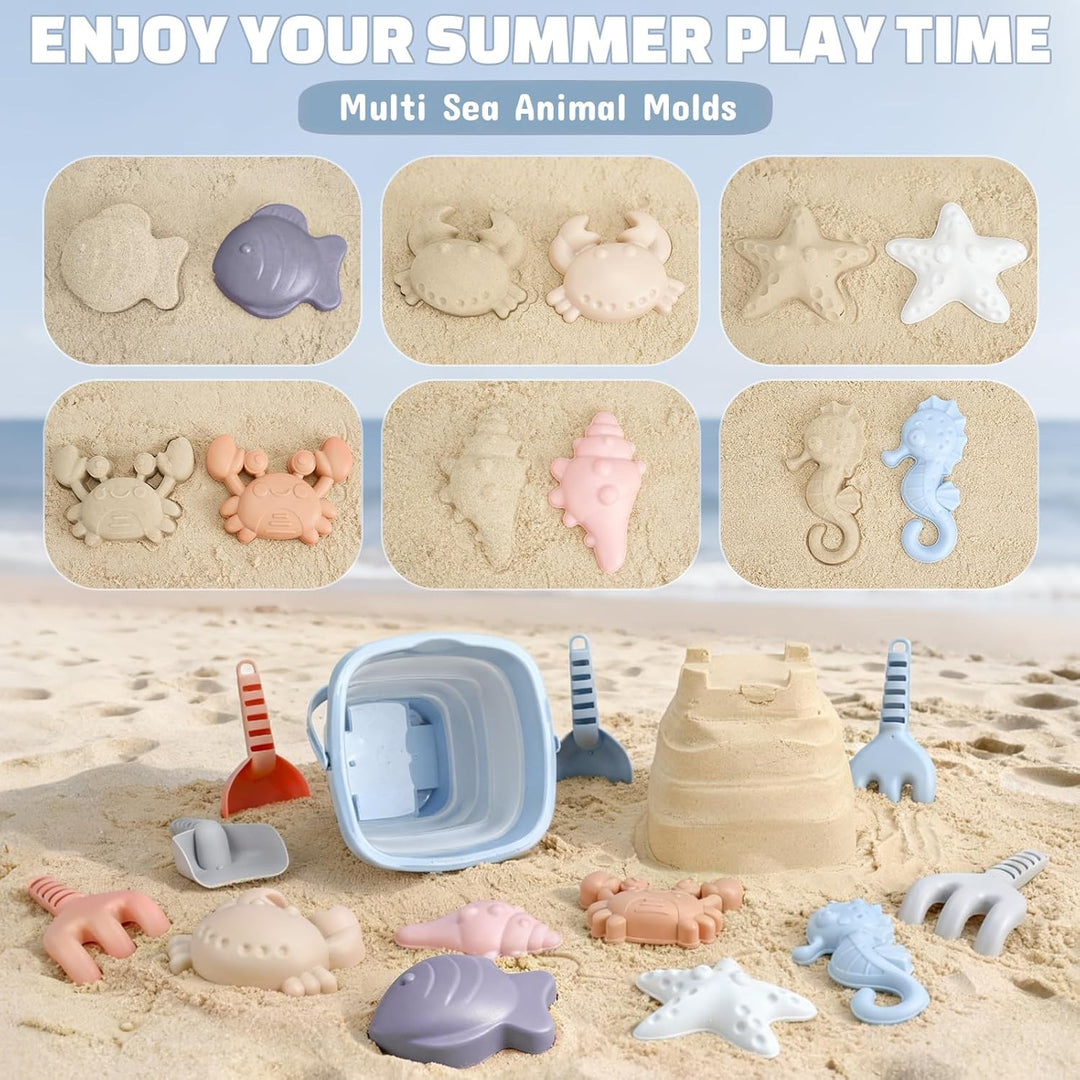 Dreamon Sandspielzeug Strandspielzeug Kinder, 18 PCS Reise Sandspielzeug mit Faltbarer Eimer, Sandka
