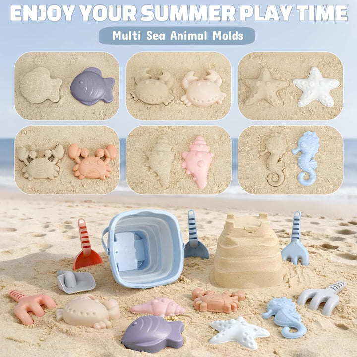Dreamon Sandspielzeug Strandspielzeug Kinder, 18 PCS Reise Sandspielzeug mit Faltbarer Eimer, Sandka